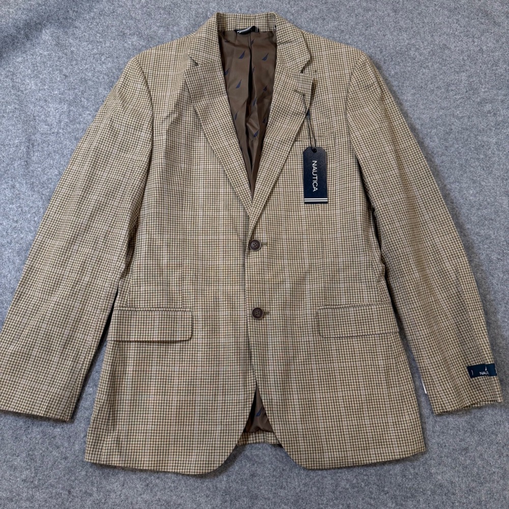 Nautica Branford Tan Windowpane Cotton Linen Modern Fit Sport Coat Blazer 36R